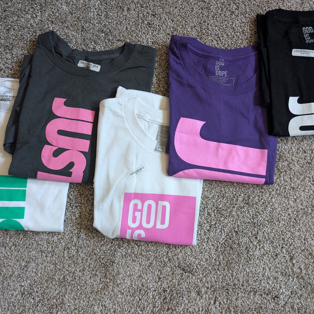 New! Lot Of 5 Women's Just God God Is Dope Graphic T-Shirts Purple, Pink S,M